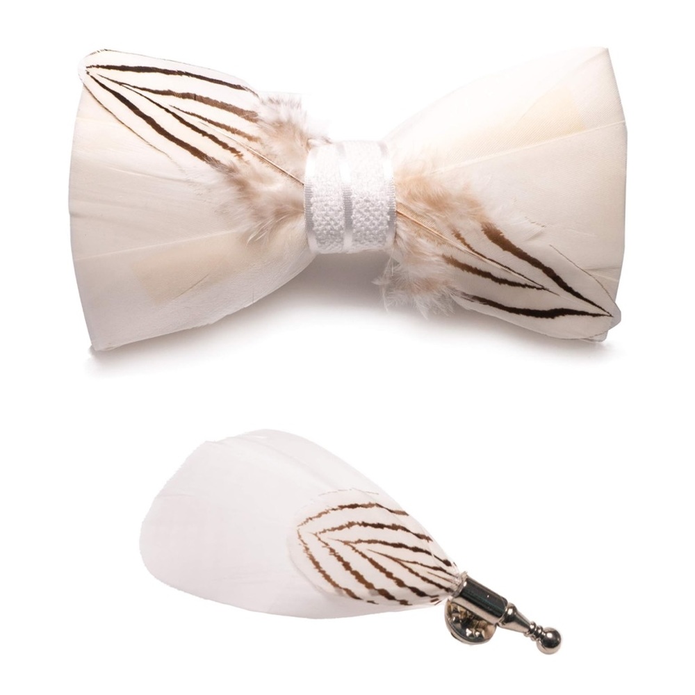 Men’s Handmade Pre Tied Feather Bow Tie And Matching Lapel Pin Box Set Cream